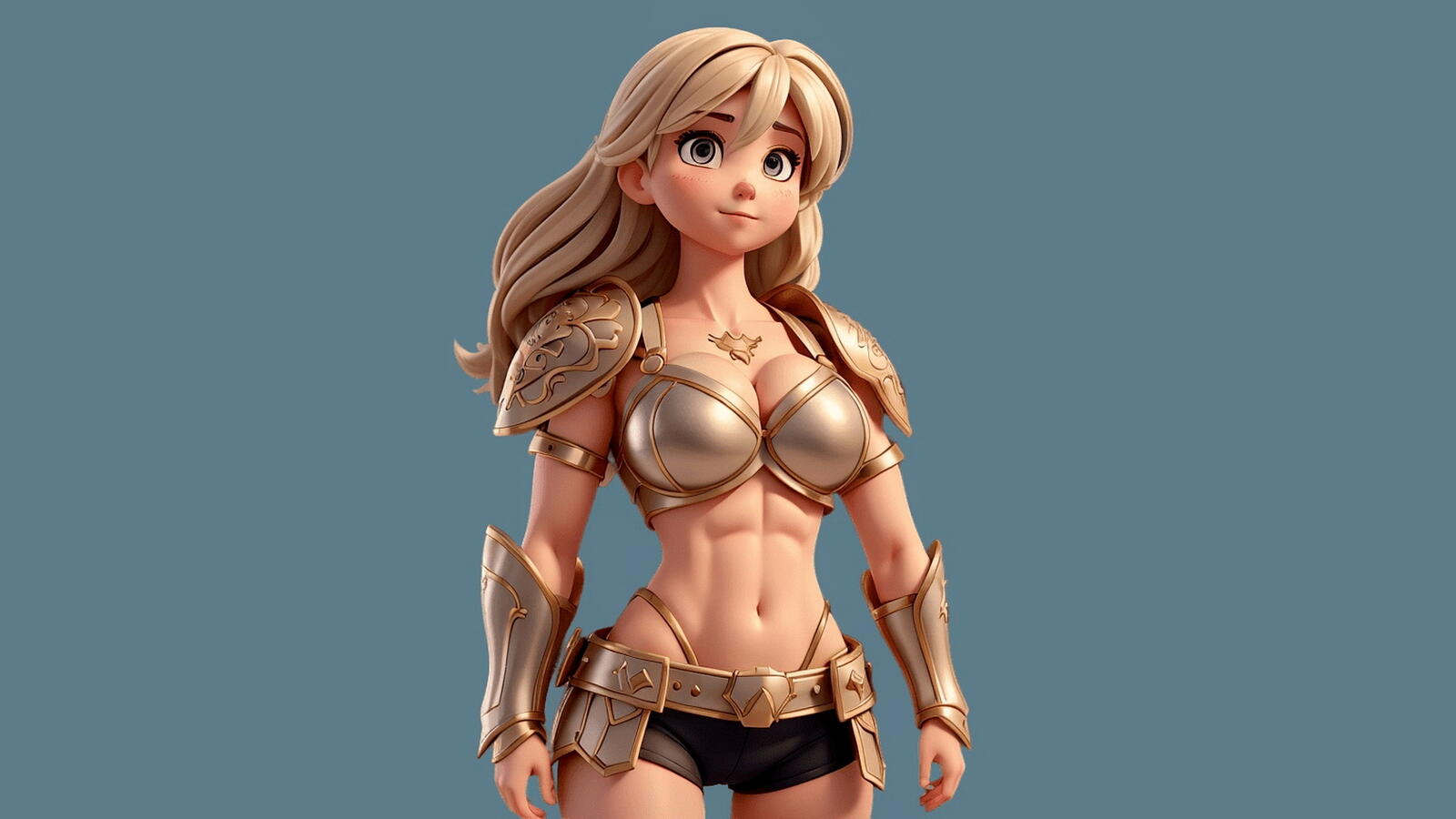 Free photo Blonde girl in shorts and armor on gray background