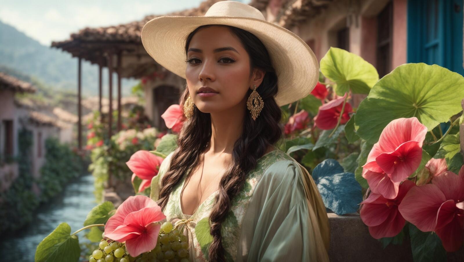 Free photo A woman wearing large earrings, in a straw hat and long dress is standing in front of flowers