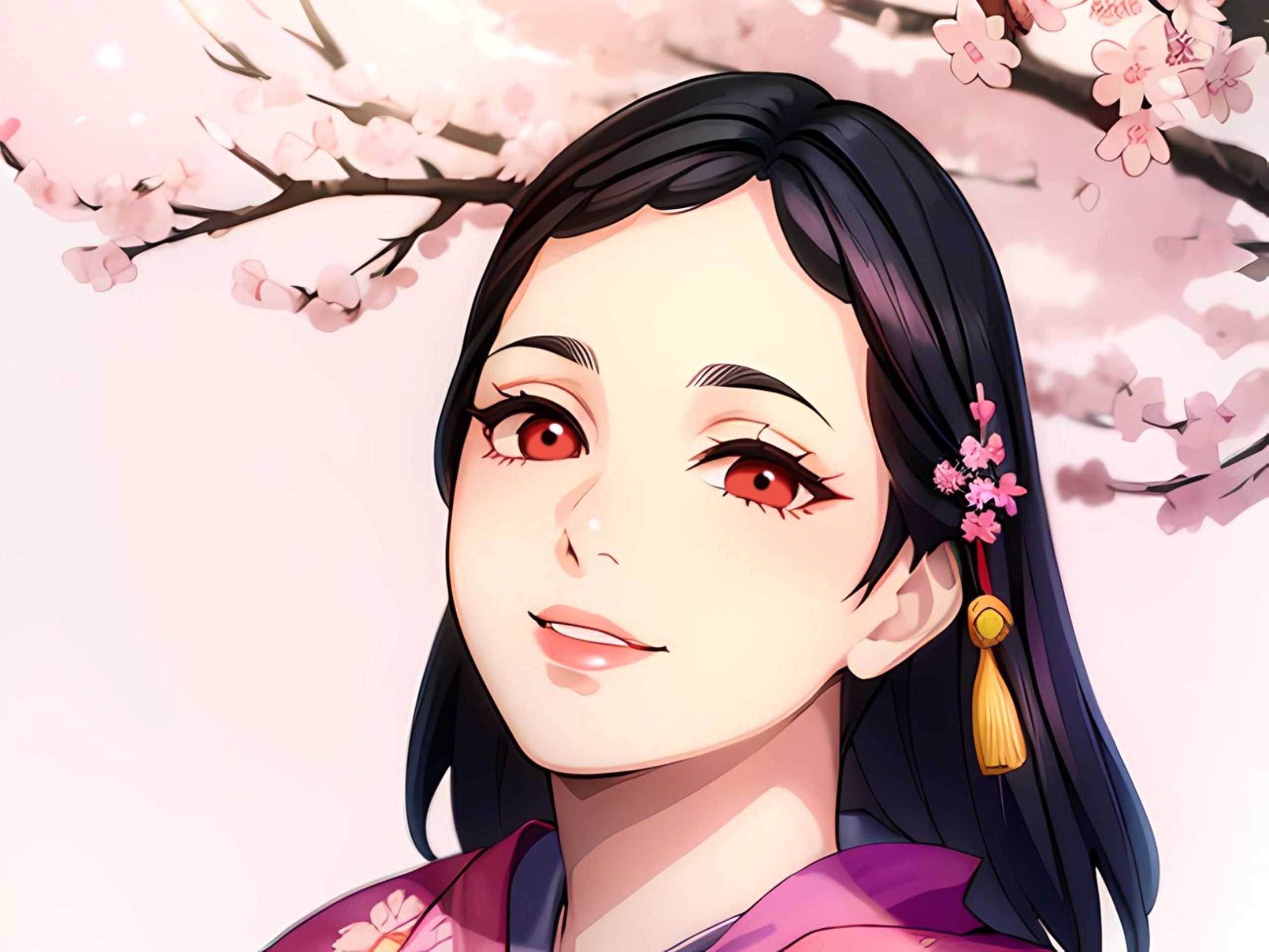 Free photo Beautiful girl, Japanese, in kimono, with peach eyes, near a sakura tree,
