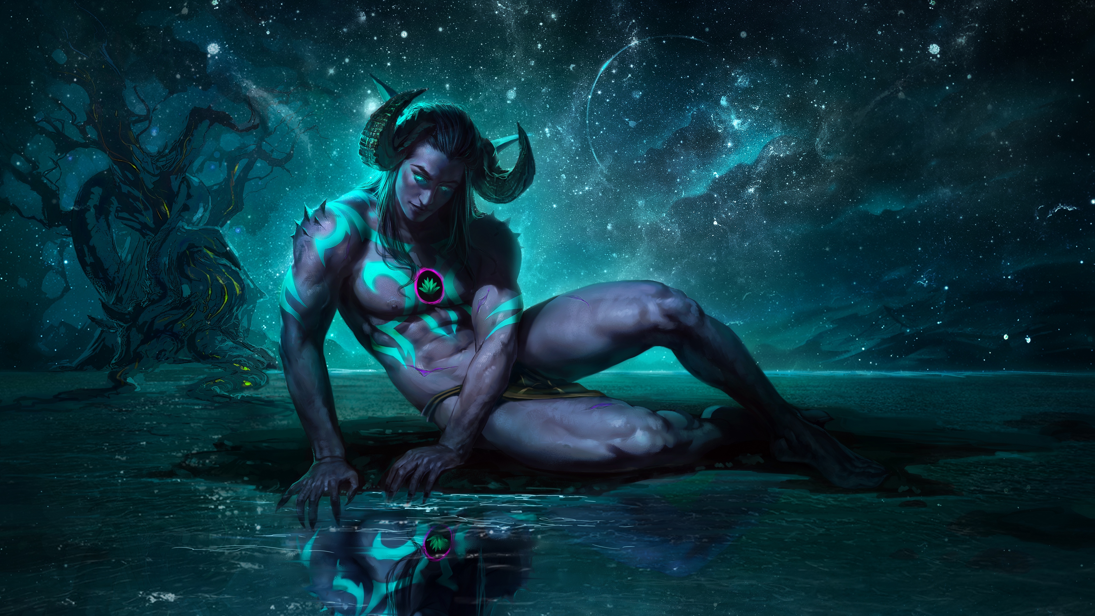 Fantasy Capricorn man with horns in the starry sky
