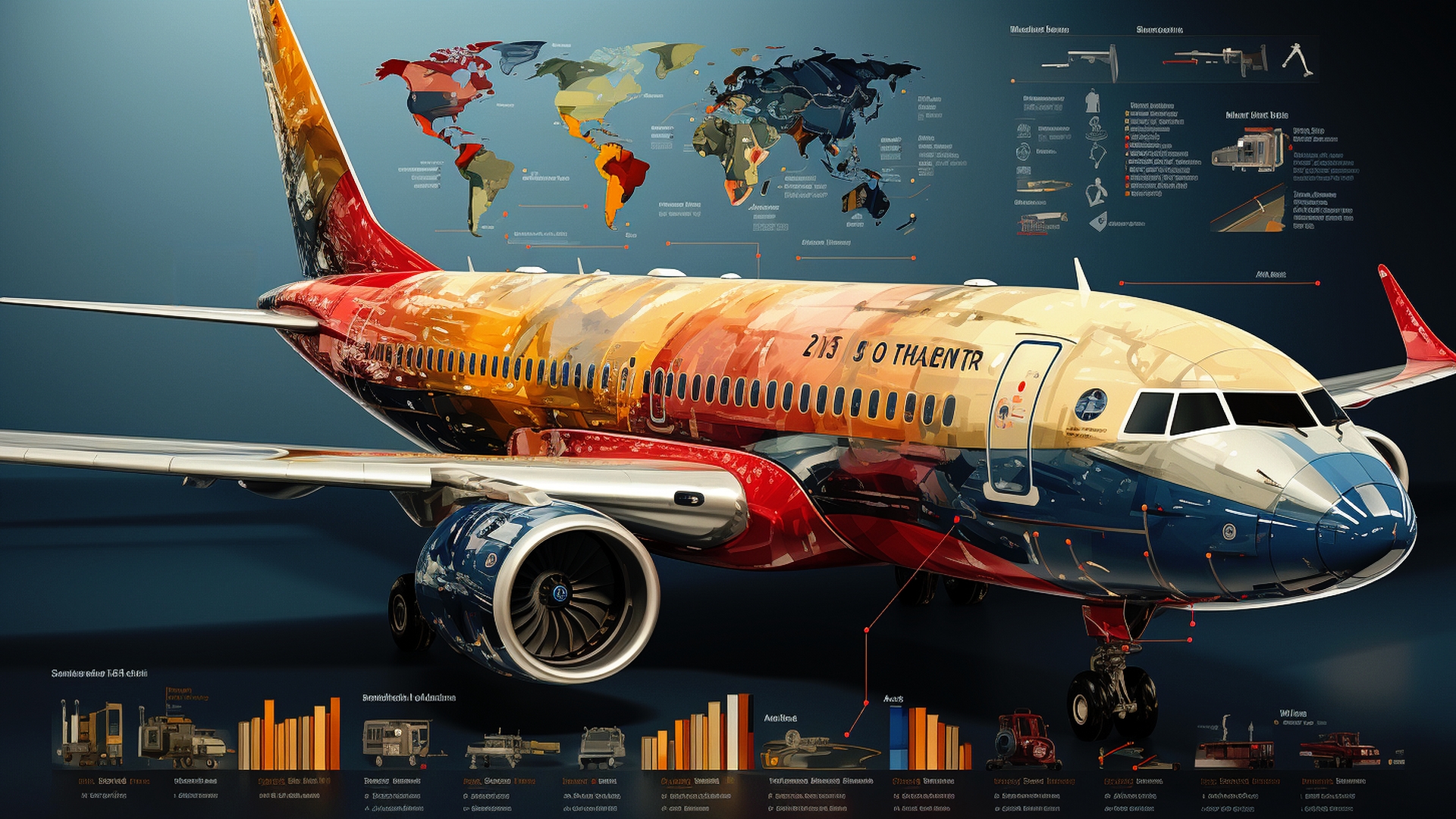 Бесплатное фото Рисунок самолета и карты на сером фоне