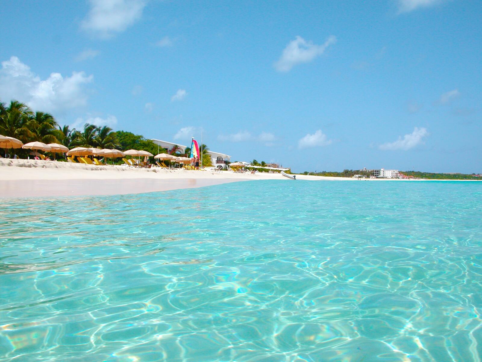 Free photo Desktop picture of Caribbean sandy shore with blue water