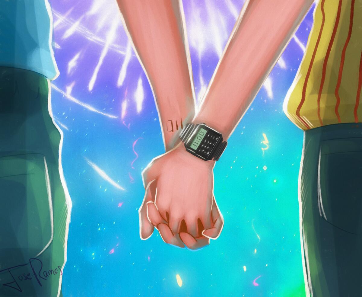Rendering of a picture of a couple holding hands against a fireworks background