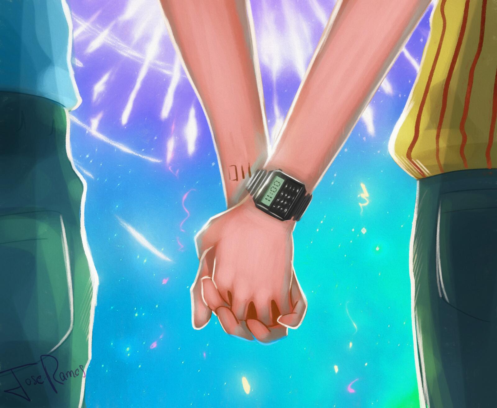 Free photo Rendering of a picture of a couple holding hands against a fireworks background