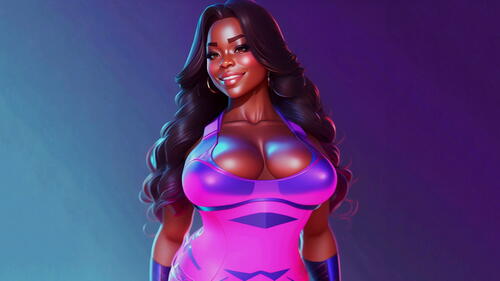Jada Fire in a dress stands against a colorful background