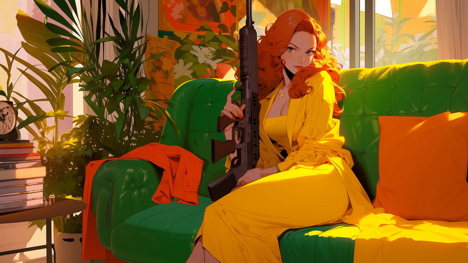 免费照片图画中的红发黄衣女孩坐在房间的沙发上，手持机枪