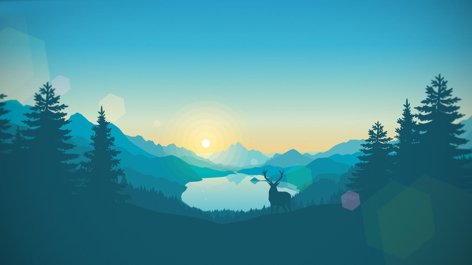 Бесплатное фото Минималистичный пейзаж с олене стоящим в лесу на фоне озера