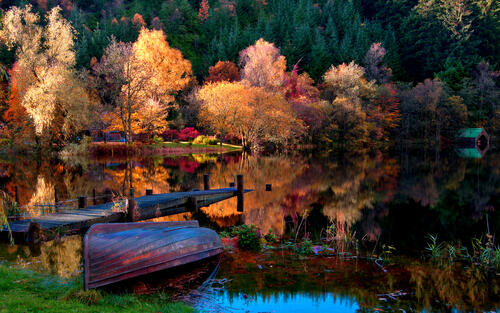 An overturned boat on the shore of a lake in the fall woods
