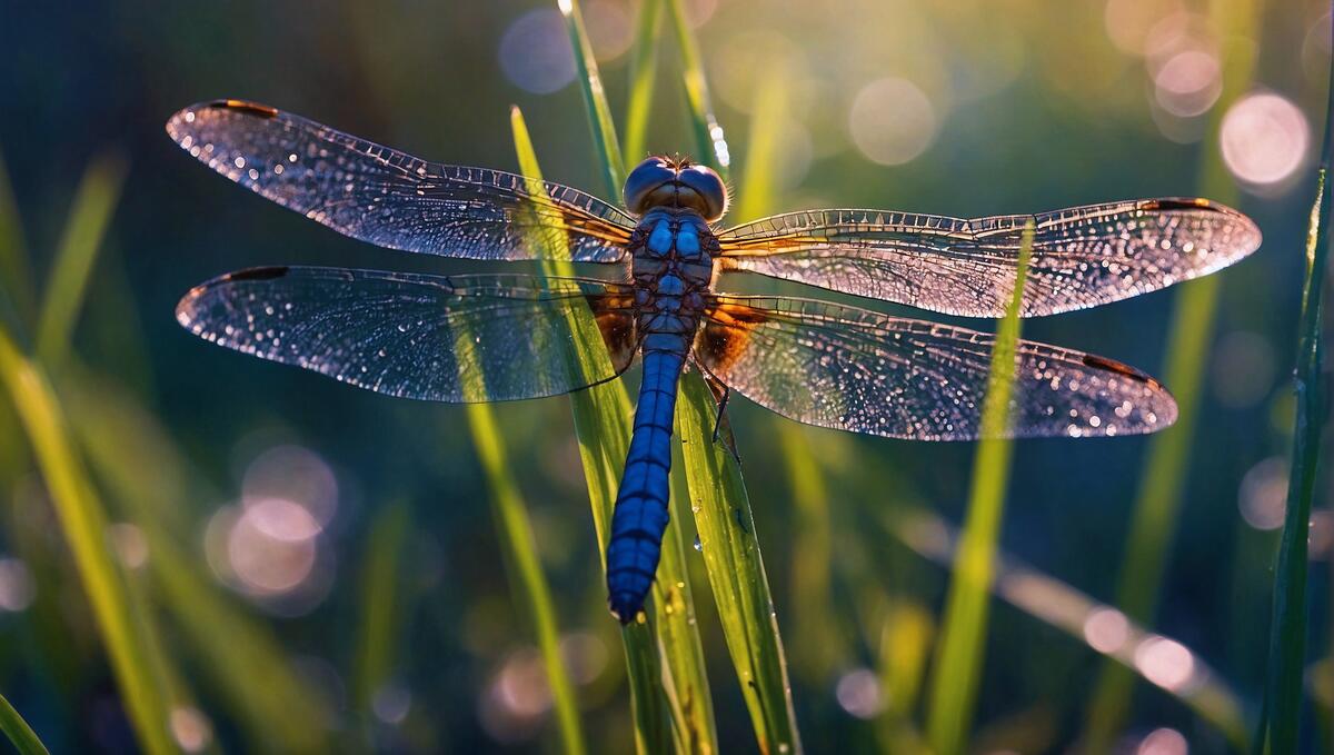 Close-up of a blue dragon fly on a blade of grass