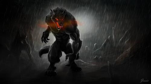 A drawing of a scary werewolf with red eyes.