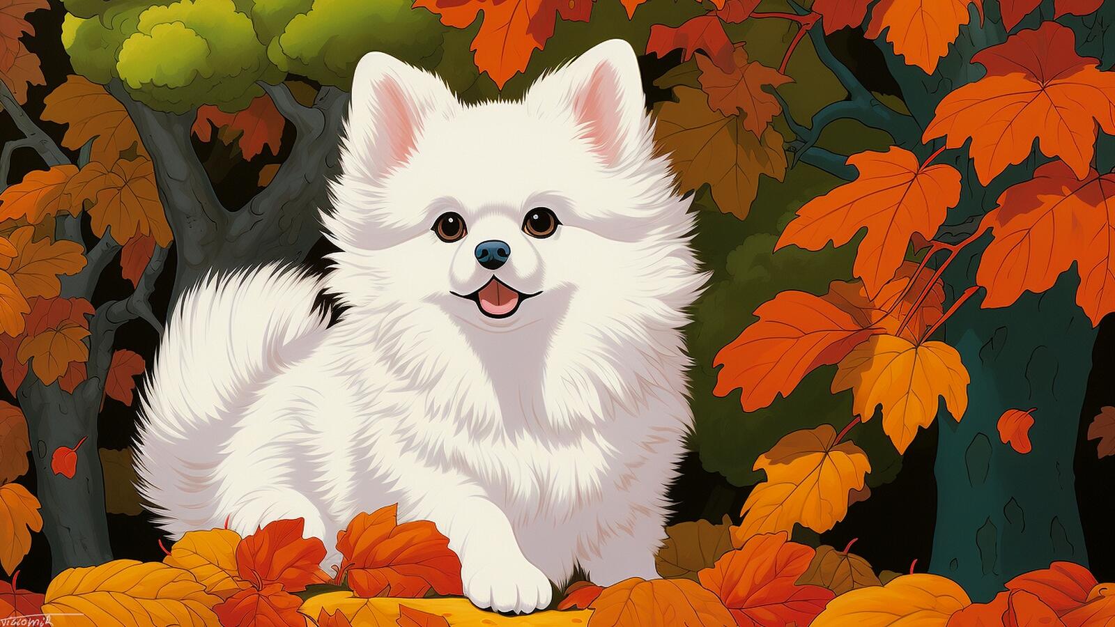 Free photo Drawing of a white dog in the fall