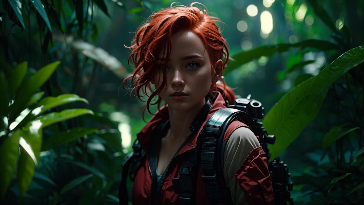 Рыжеволосая девушка в джунглях