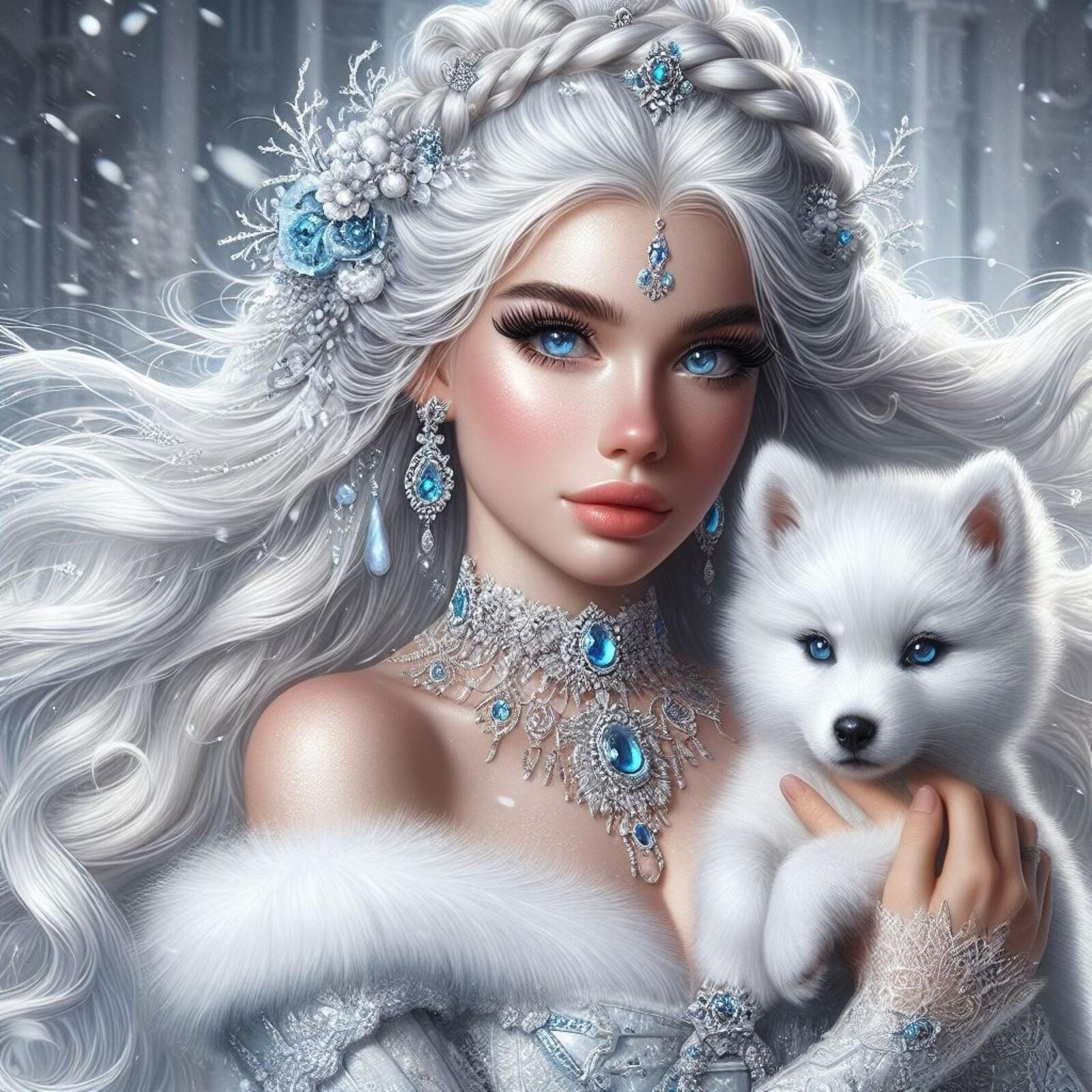 Free photo Snow Maiden with a fox
