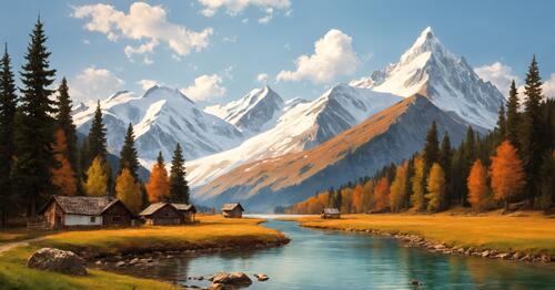 A beautiful mountain scene features a river and cabins
