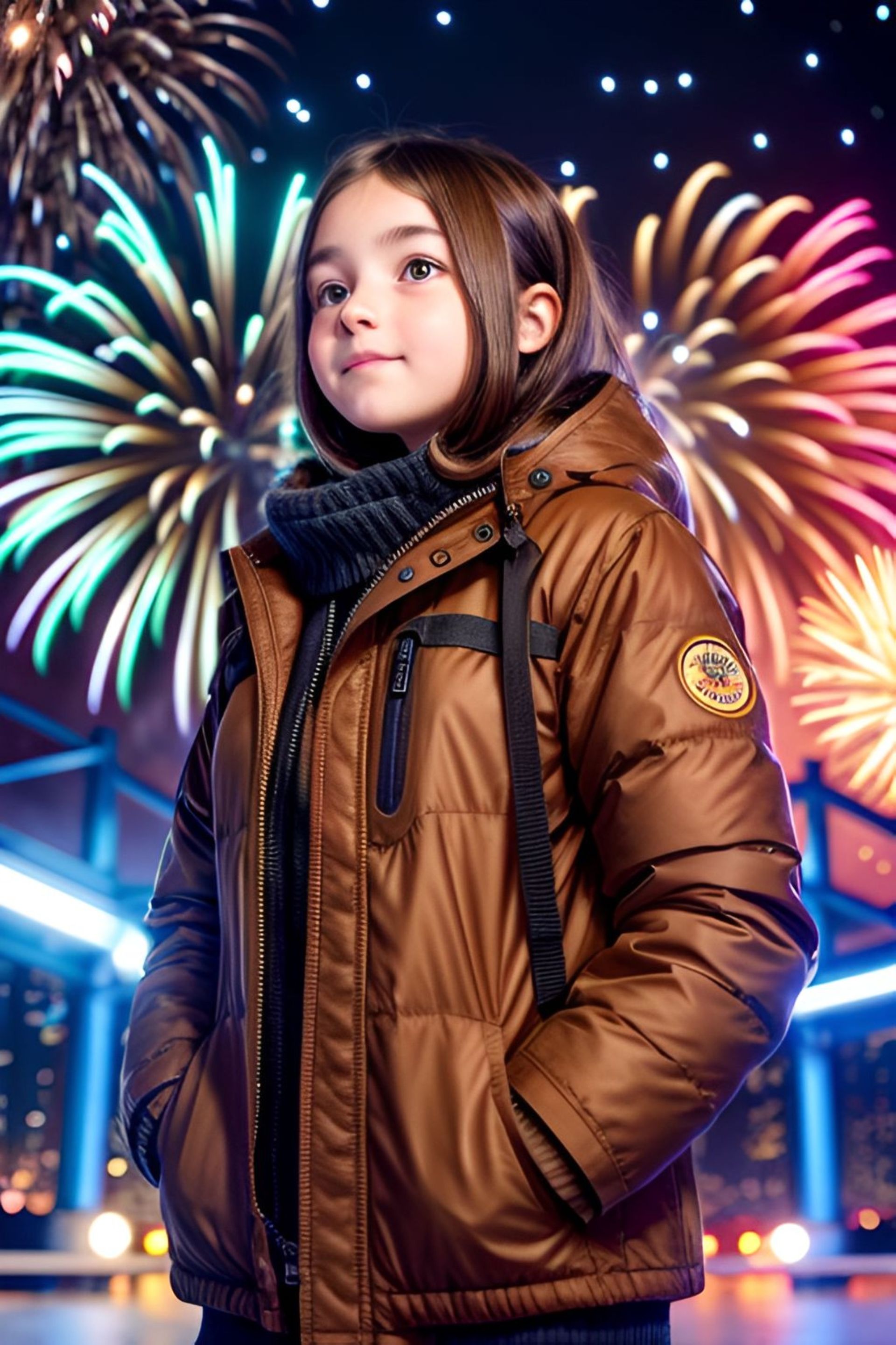 Free photo A beautiful girl, in a jacket, with brown hair, against the background of fireworks
