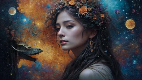 Девушка с цветочной короной на голове смотрит на животное на картине