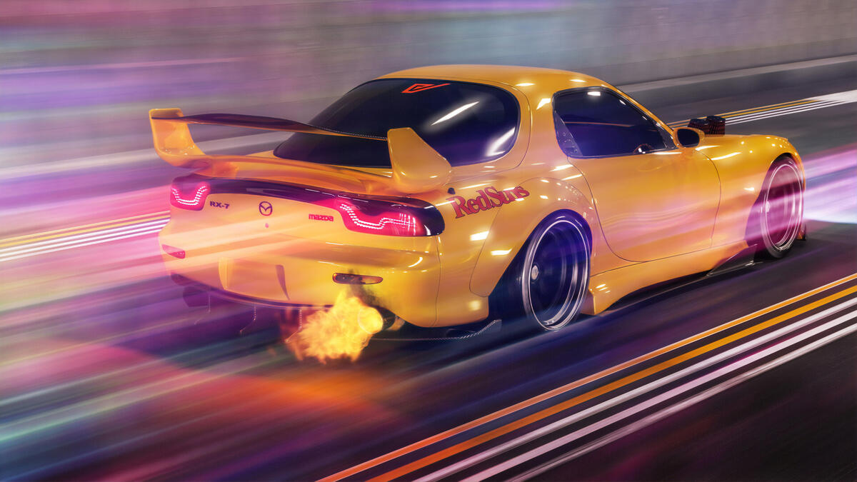 Yellow Mazda RX7 in motion shooting fire from the exhaust pipe
