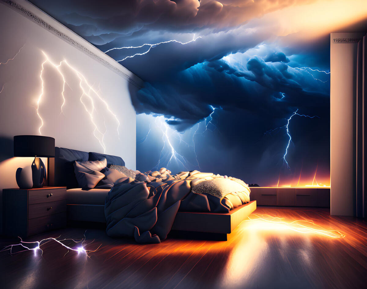 A large bedroom with dark storm clouds
