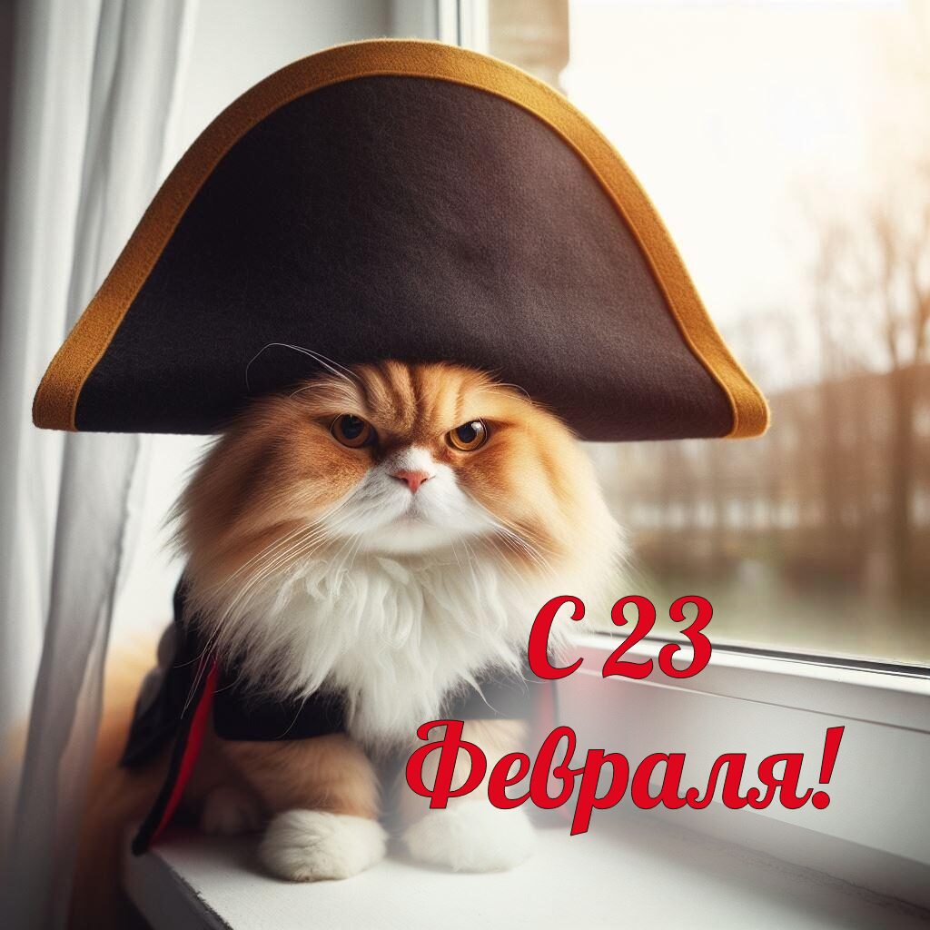 Бесплатная открытка С 23 февраля поздравляет кот в шляпе