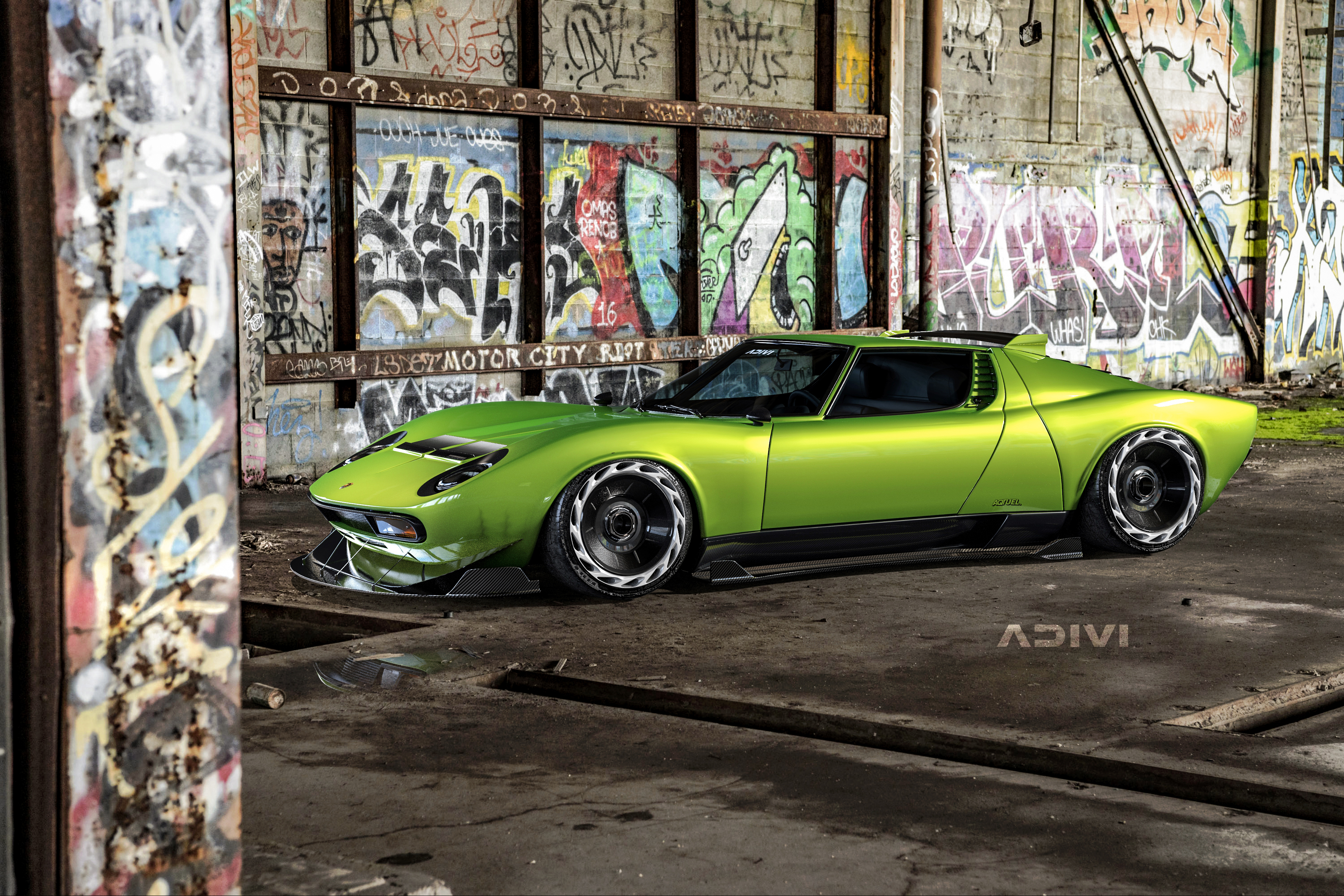 A saloon-colored Lamborghini Miura stands in a hangar with painted walls