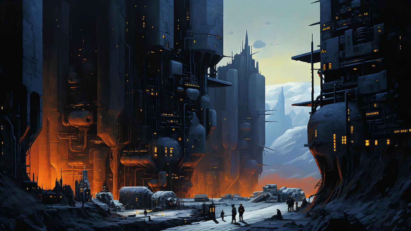 Бесплатное фото Фантастический металлический город в ущелье и люди рядом с ним