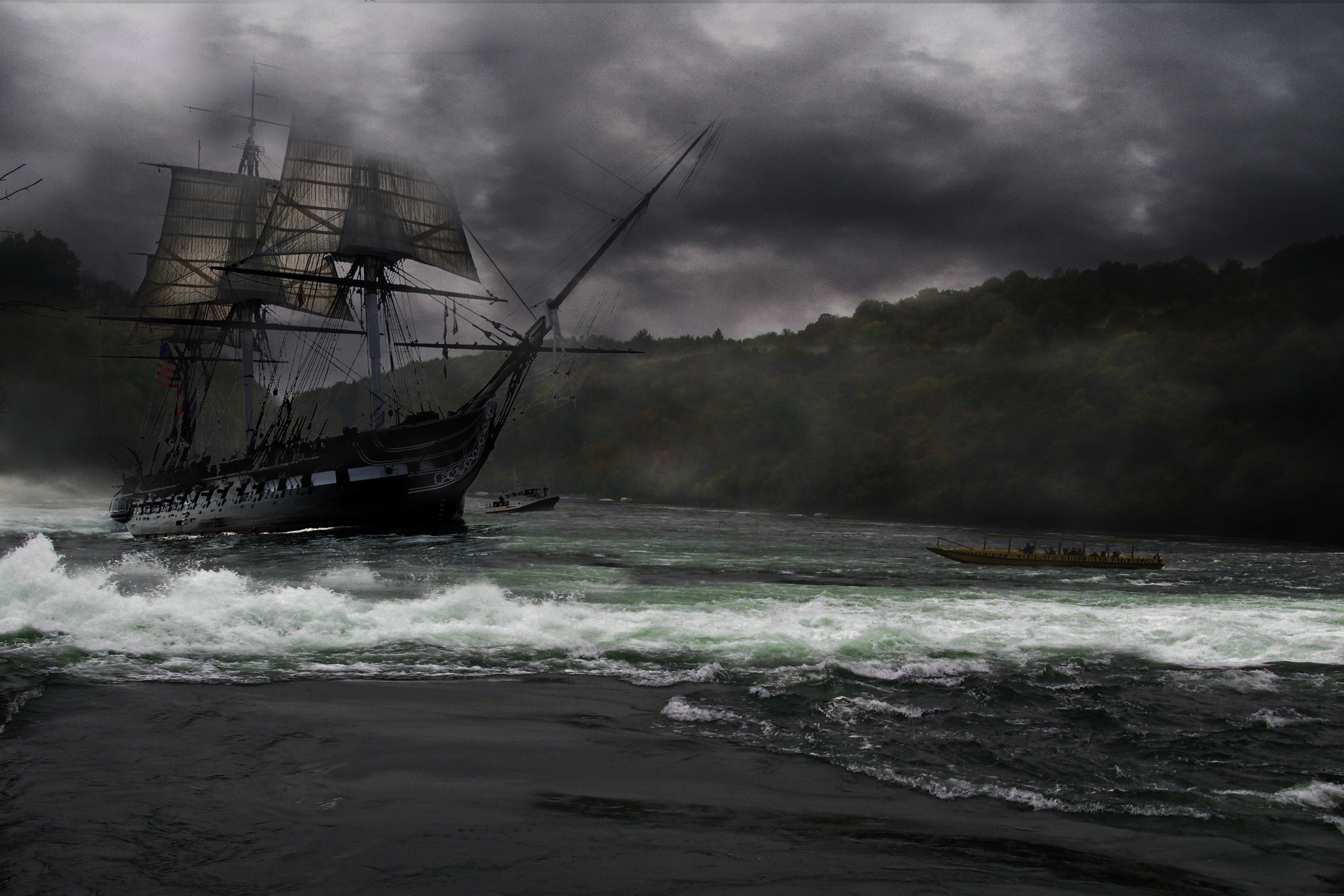 Free photo A pirate ship in bad weather drifts ashore