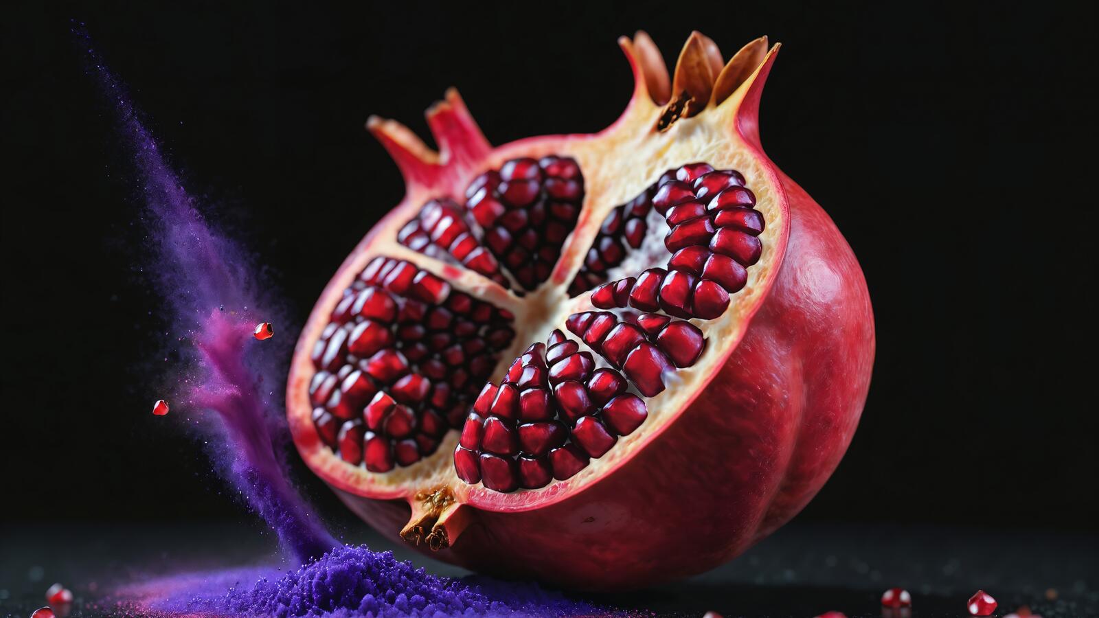Free photo Pomegranate on a background of purple powder