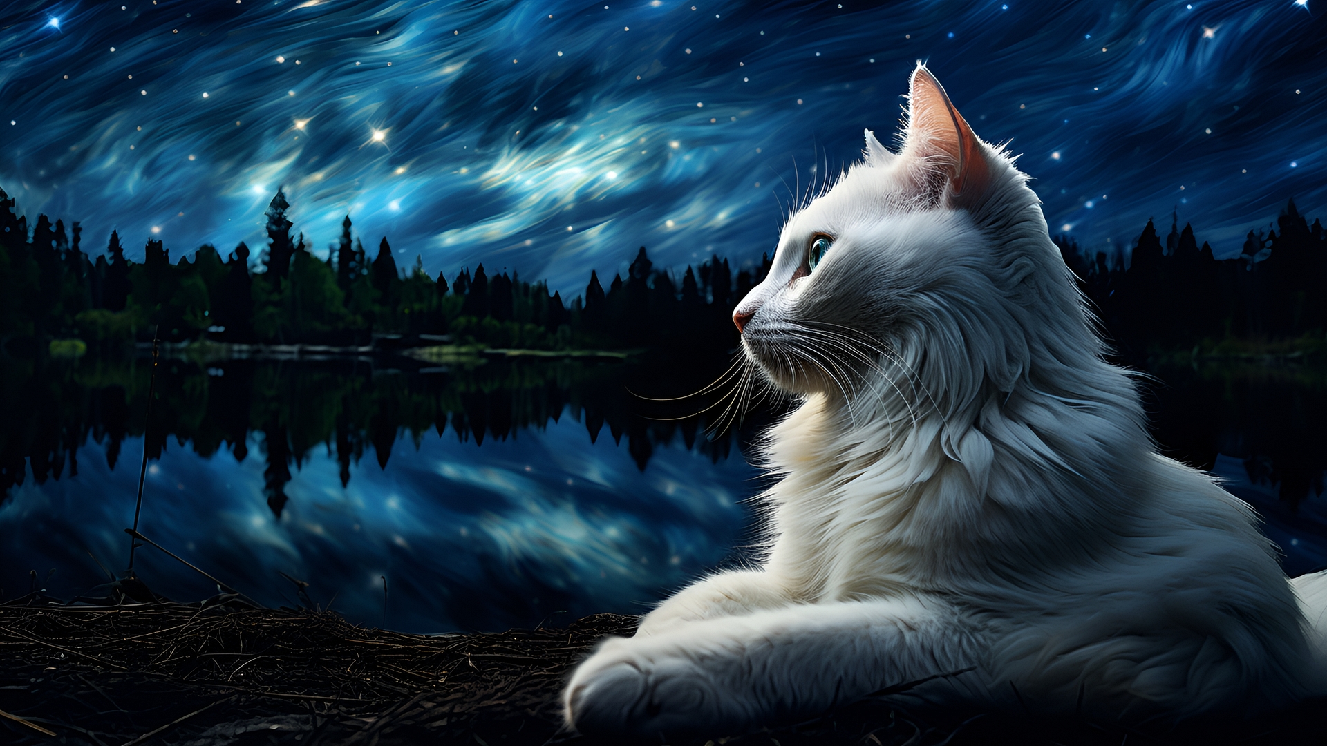 夜景背景下的白猫