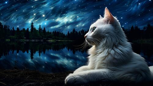 Белый кот на фоне ночного пейзажа