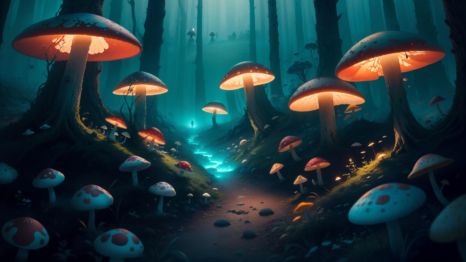 Free photo A mysterious forest path with big mushrooms