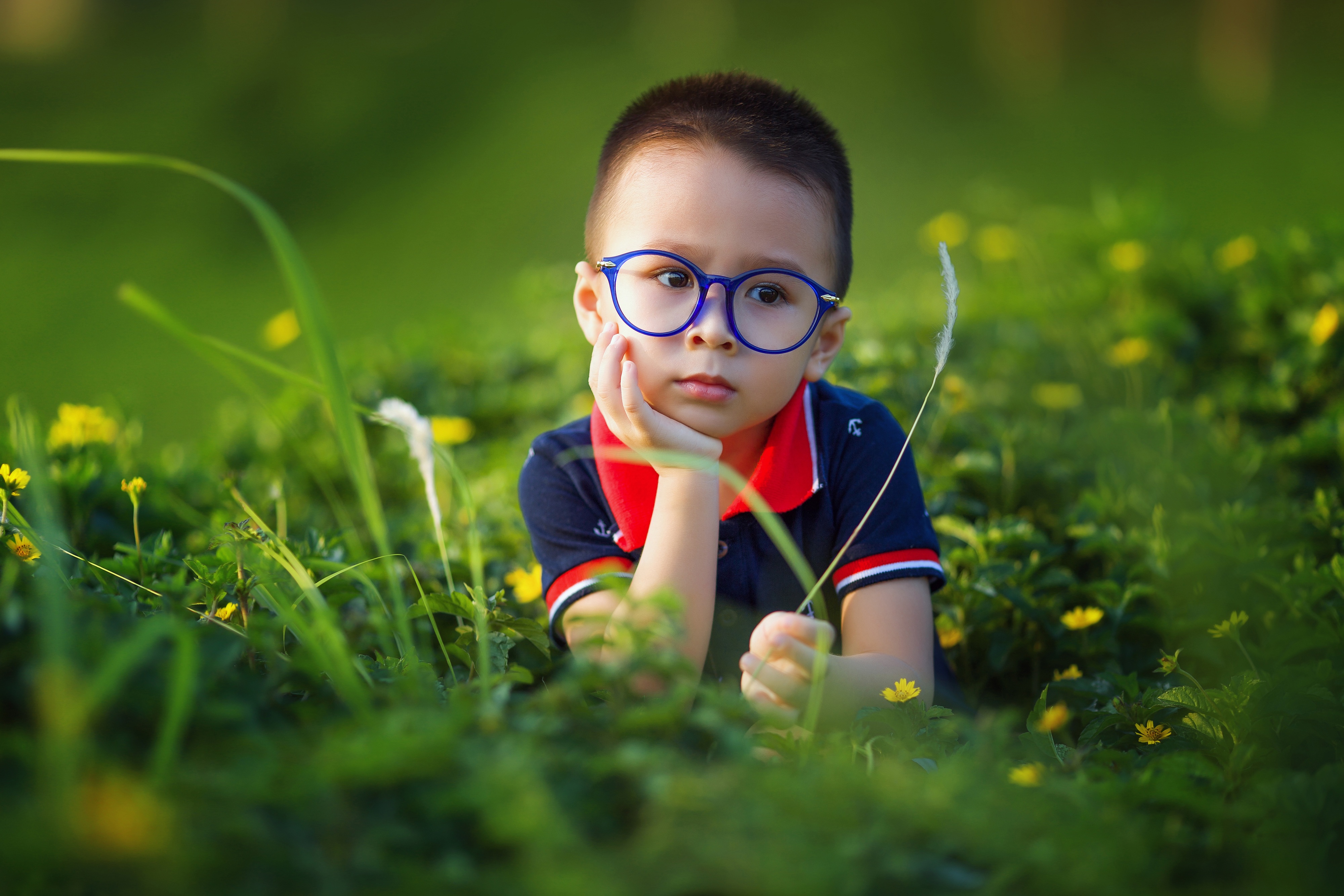 Мальчик в очках сидит в высокой зеленой траве