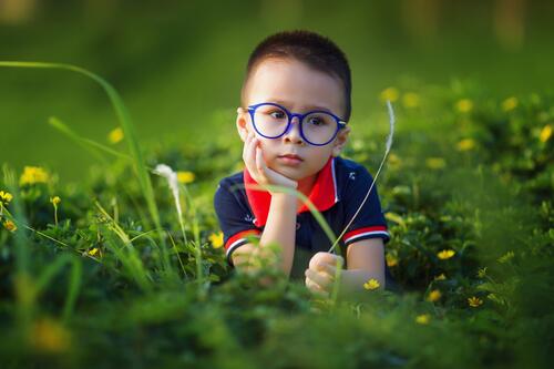 Мальчик в очках сидит в высокой зеленой траве