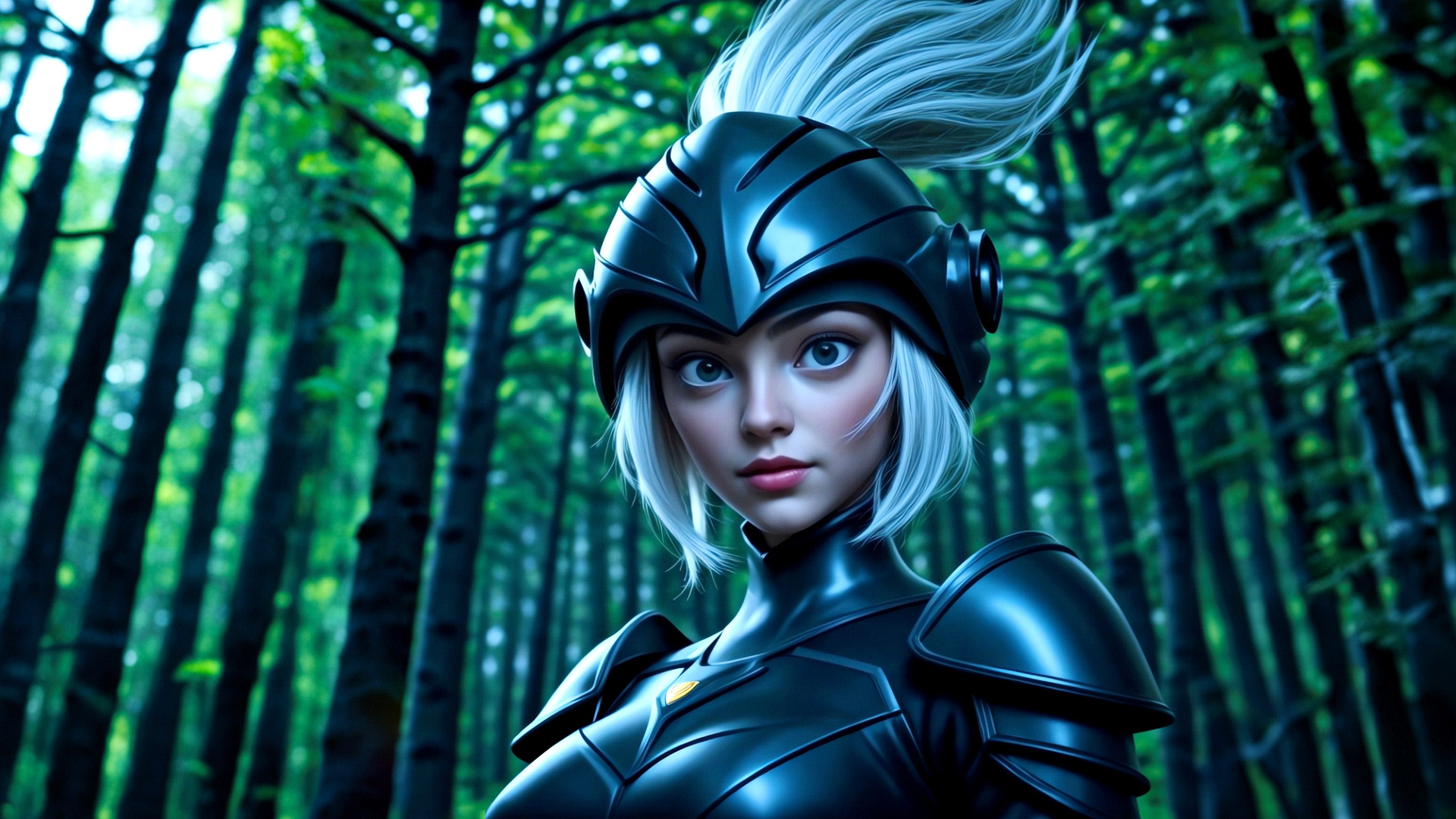 Девушка рыцарь в черных доспехах и шлеме на фоне леса