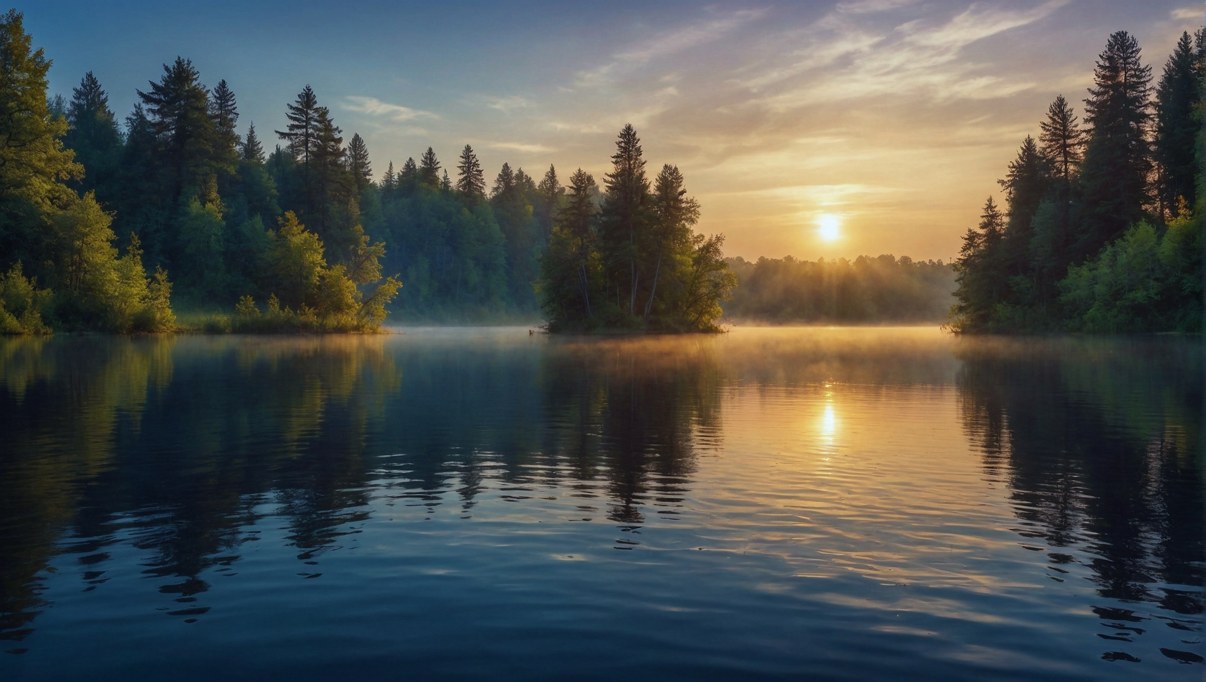 Free photo The sun rising over a lake surrounded by tall trees