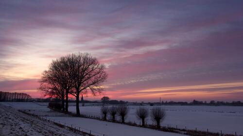 A large winter field during sunset