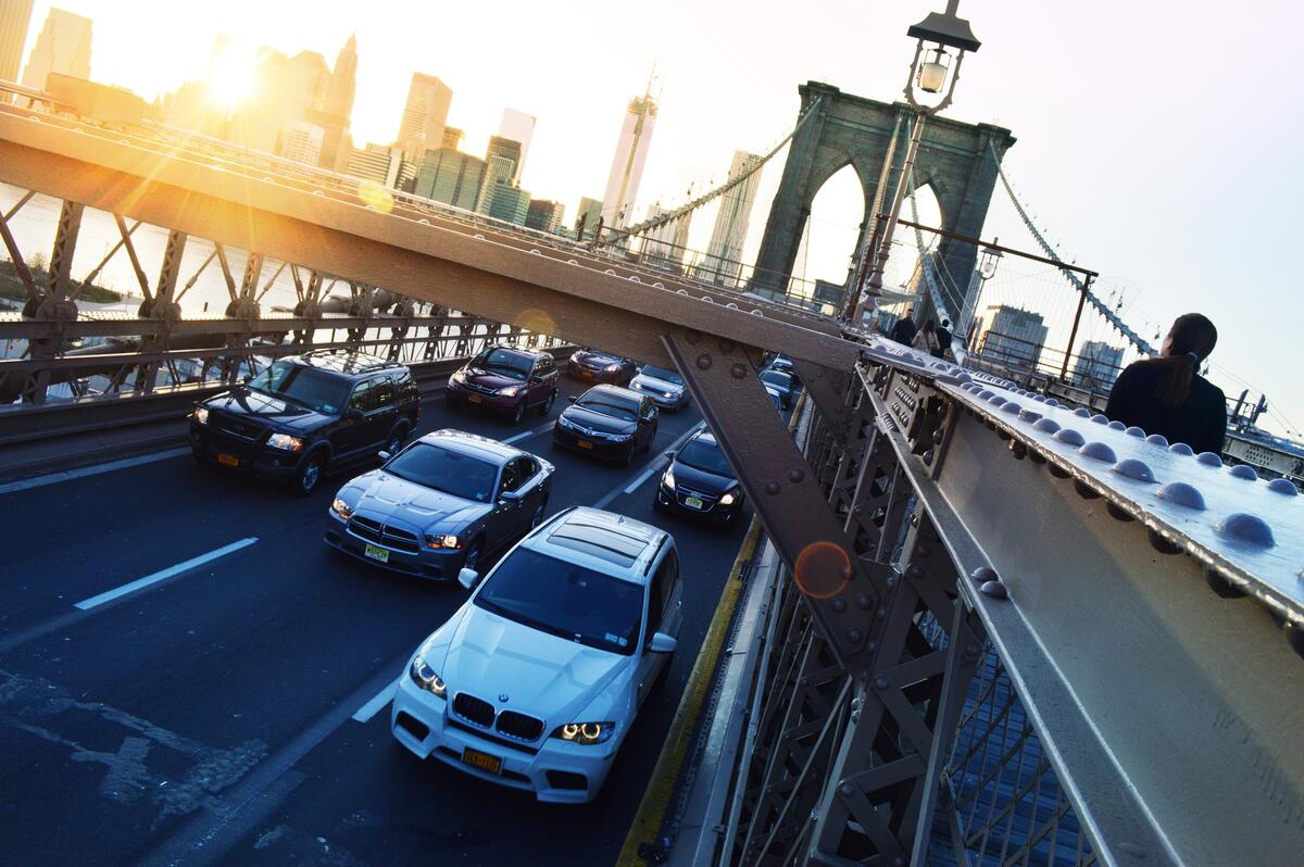 Traffic is backed up on a bridge in New York City.