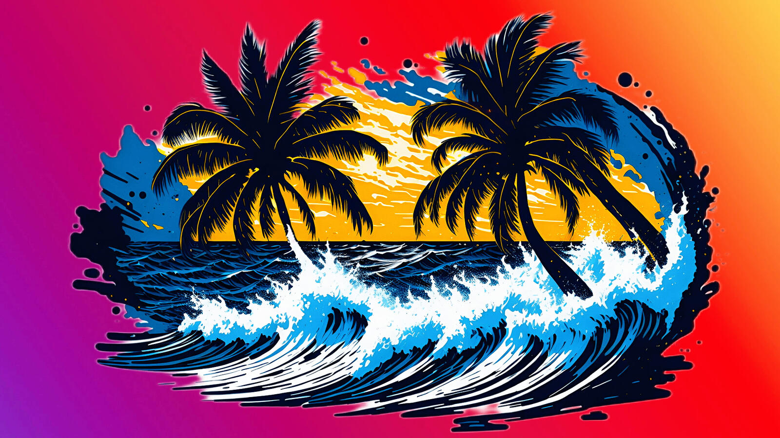 Бесплатное фото Рисунок пальмы море волны на цветном фоне