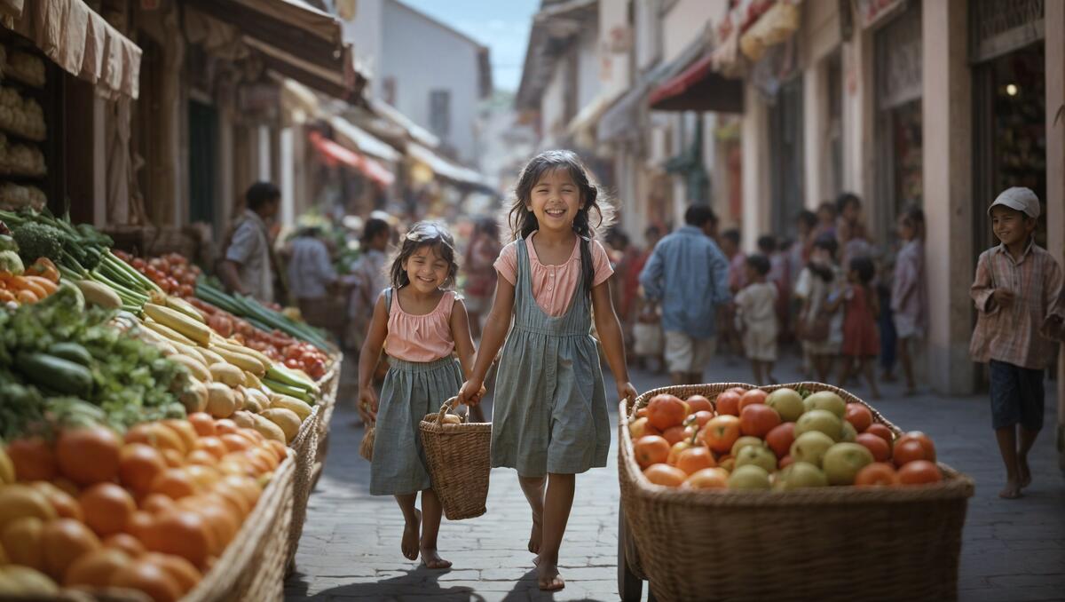 Two girls walk through an urban market holding baskets