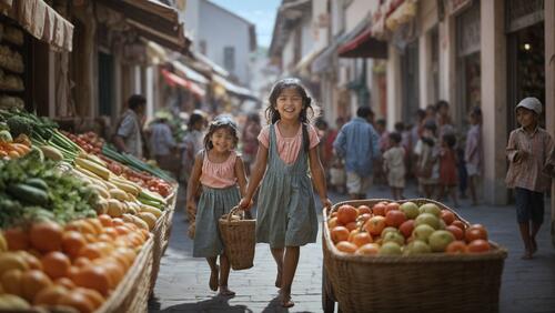 Две девушки идут по городскому рынку с корзинами в руках.