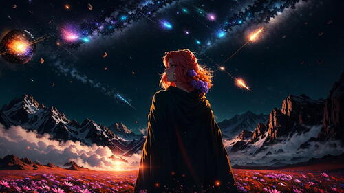 Рыжая девушка в плаще на фоне горного пейзажа и звездного неба