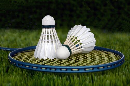 Badminton with rackets lying on the grass