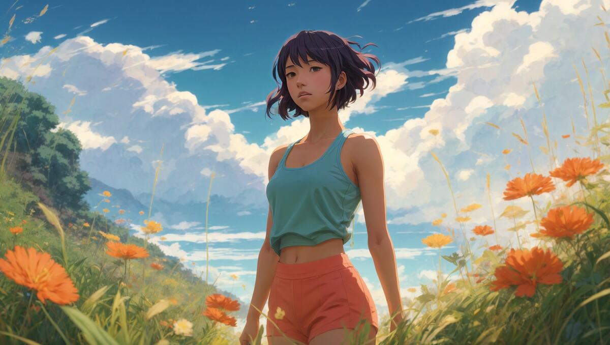 Девушка-аниме стоит на апельсиновом поле.