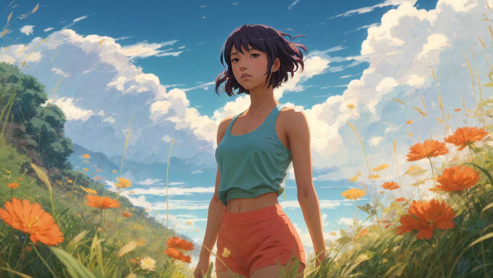 Бесплатное фото Девушка-аниме стоит на апельсиновом поле.