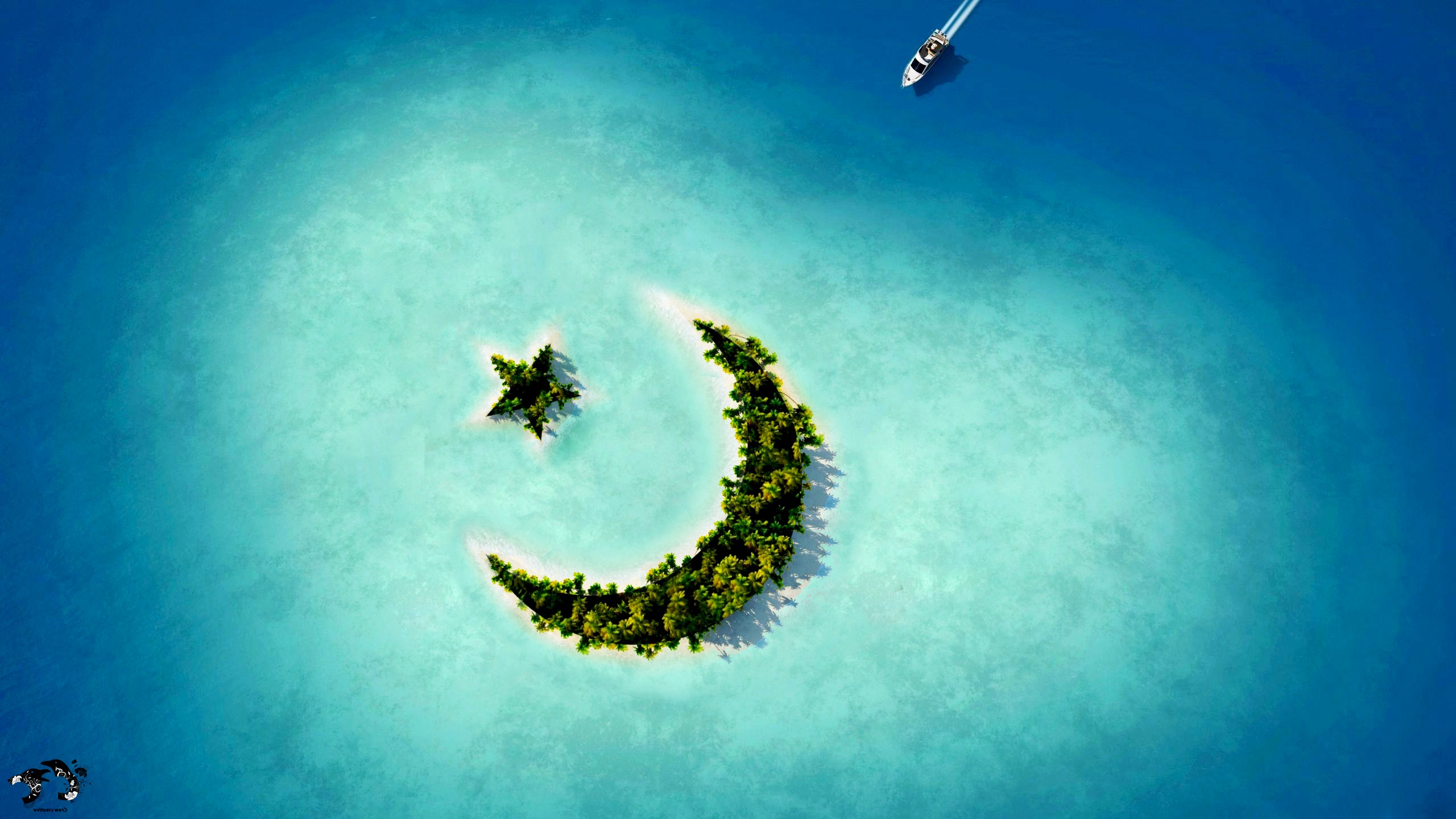 壁纸描绘了深海中的一座岛屿，其形状为带星星的新月