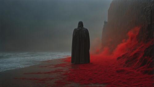 A man in a Darth Vader costume in red smoke by the ocean