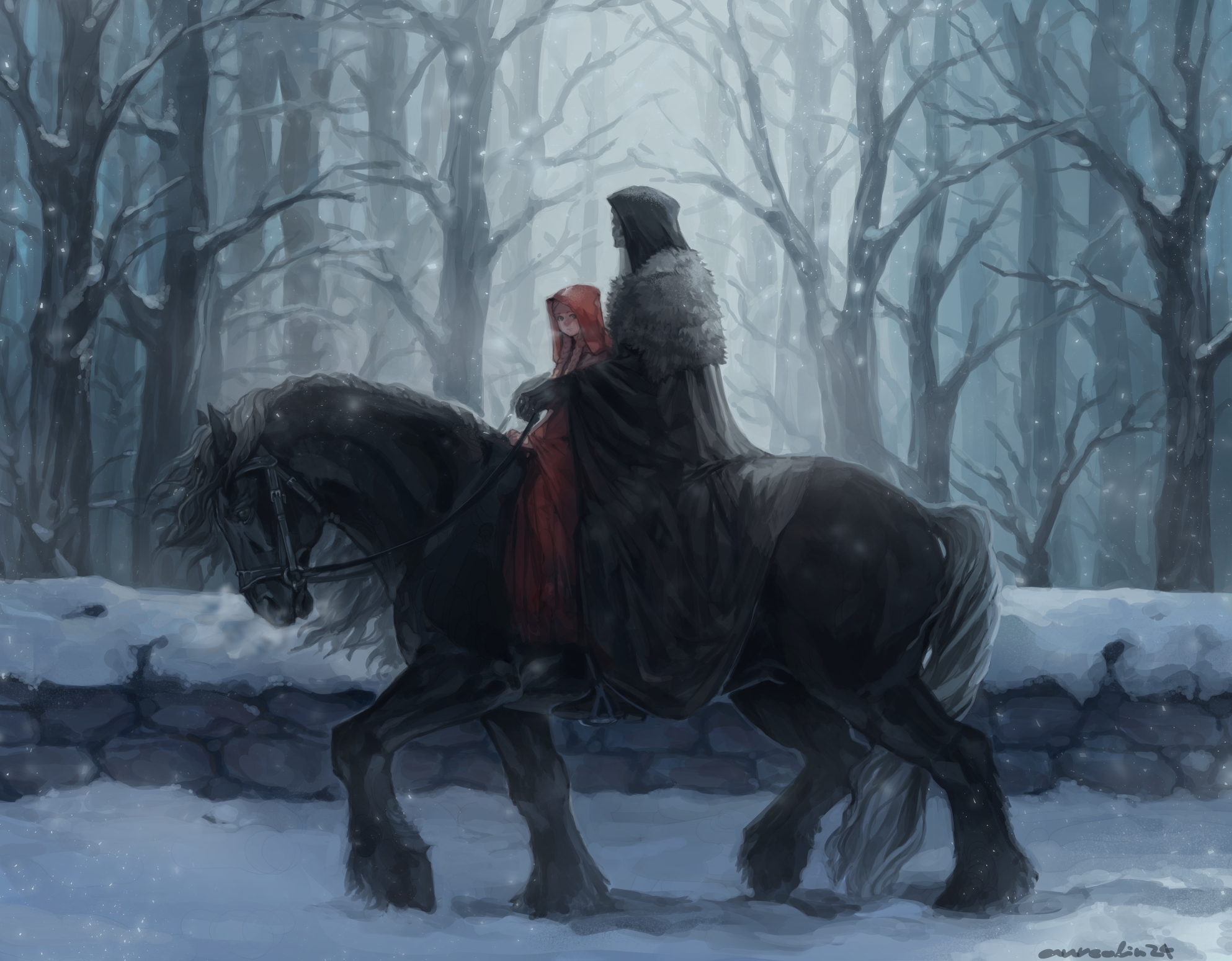 Обои аниме девушка лошадь скелет езда снег зима лес бесплатные картинки на Fonwall