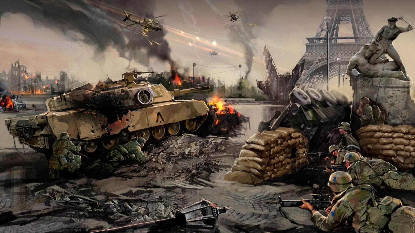 Бесплатное фото Война с танками в париже