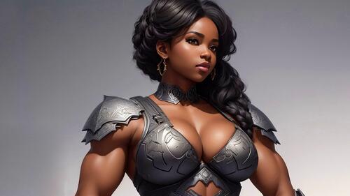 Black girl warrior in armor stands on light background