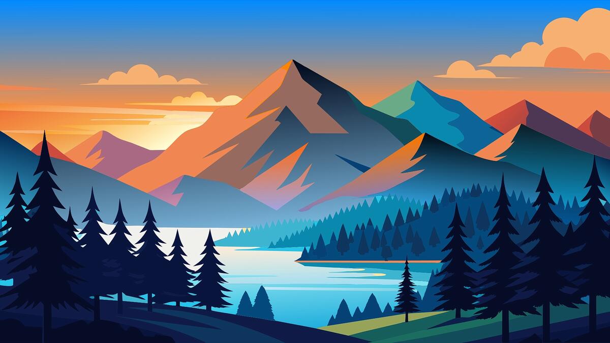 Рисунок пейзаж горы и лес
