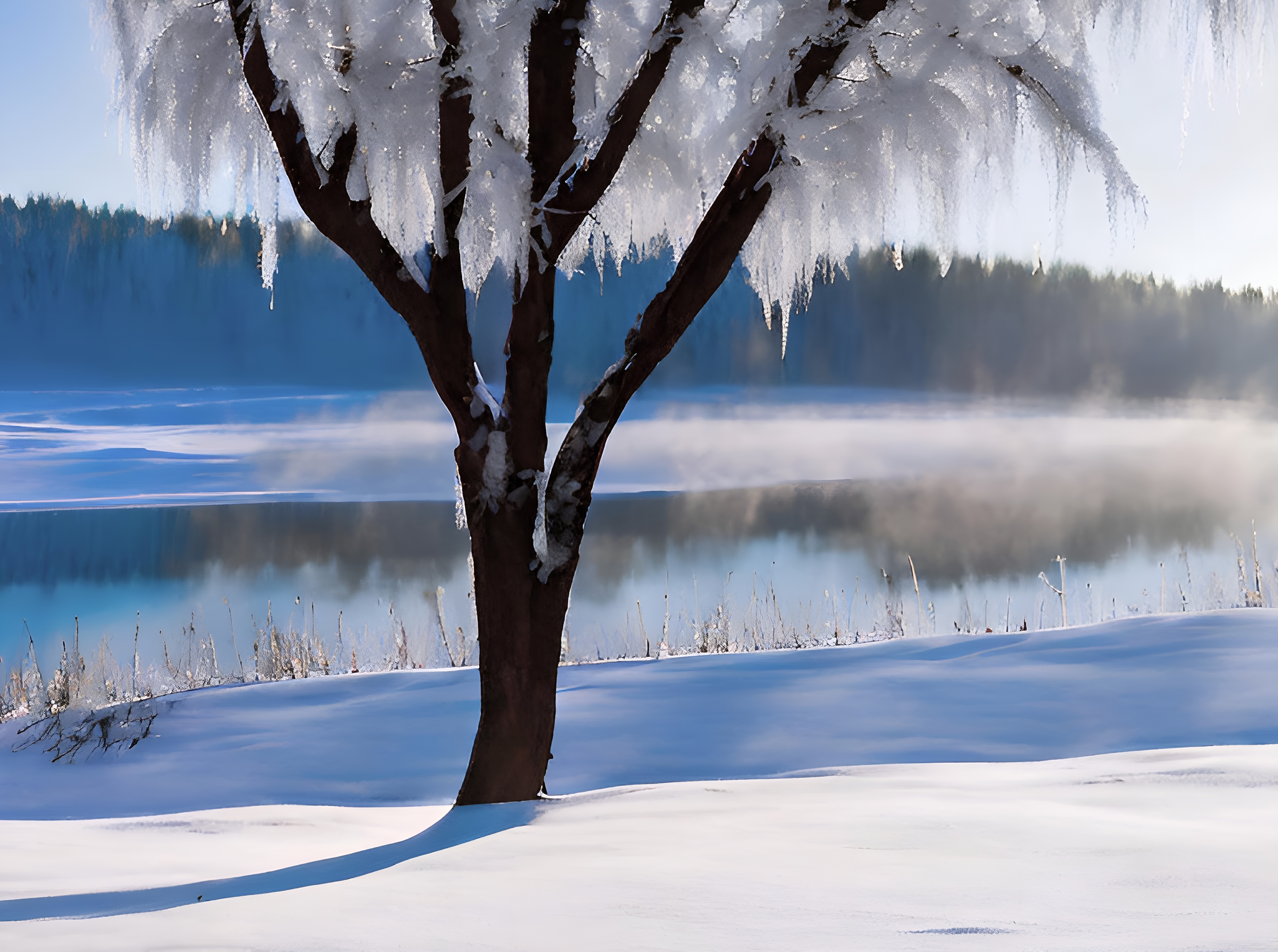 河边的一棵孤独的冰冻树